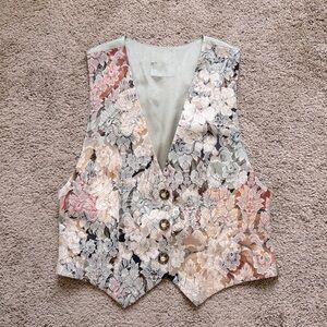 Vintage Floral Tapestry Button Down Adjustable Vest Sage Green